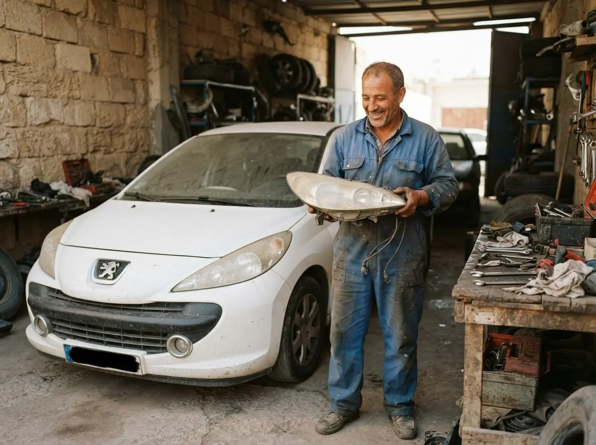 Garagiste présentant un phare devant une Peugeot blanche