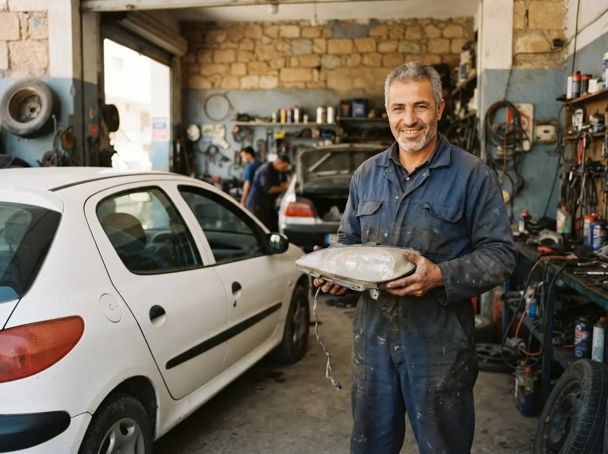 Garagiste souriant tenant un phare d’occasion dans son atelier